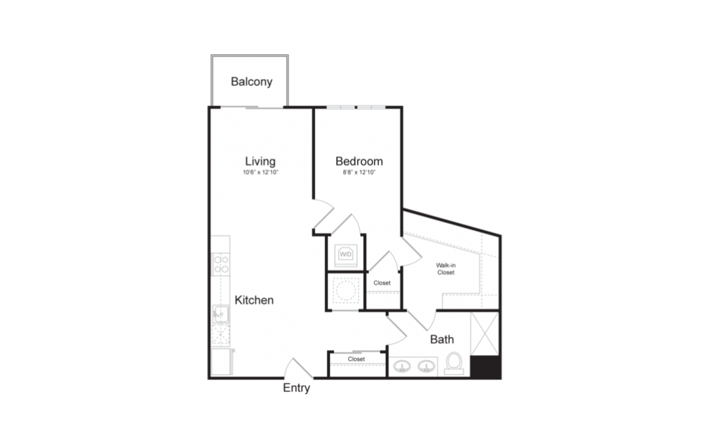 A16 - 1 bedroom floorplan layout with 1 bath and 696 square feet.