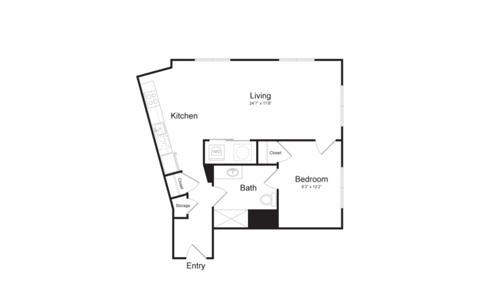 A18 - 1 bedroom floorplan layout with 1 bath and 727 square feet.