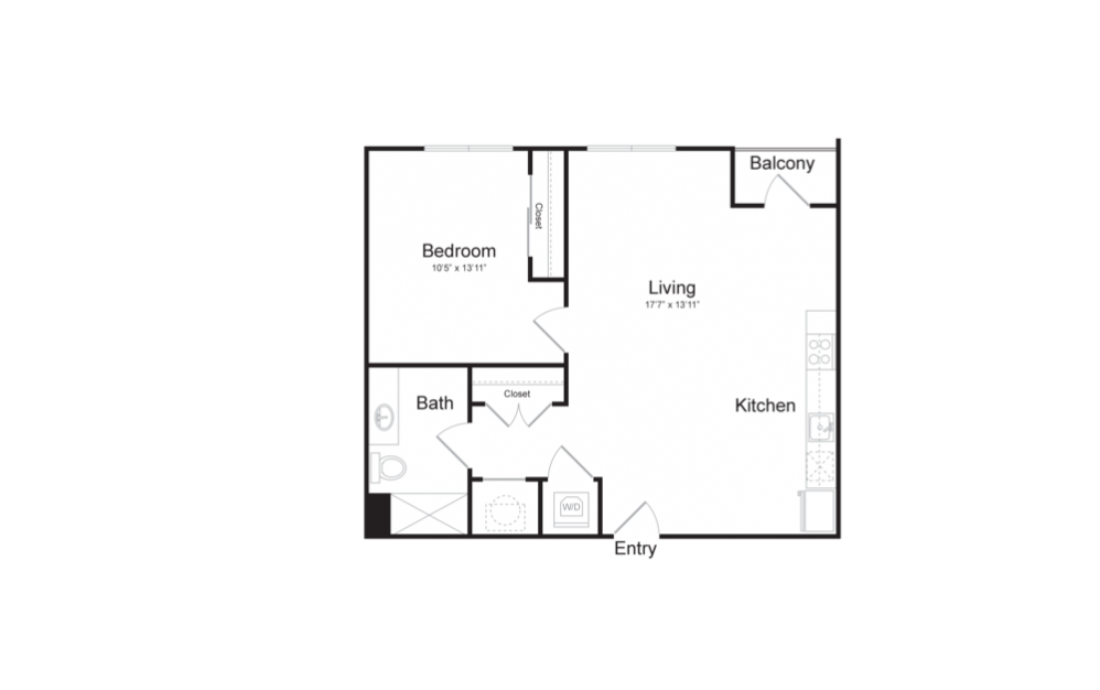 A24 - 1 bedroom floorplan layout with 1 bath and 748 square feet.