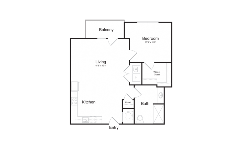 A28 - 1 bedroom floorplan layout with 1 bath and 796 square feet.
