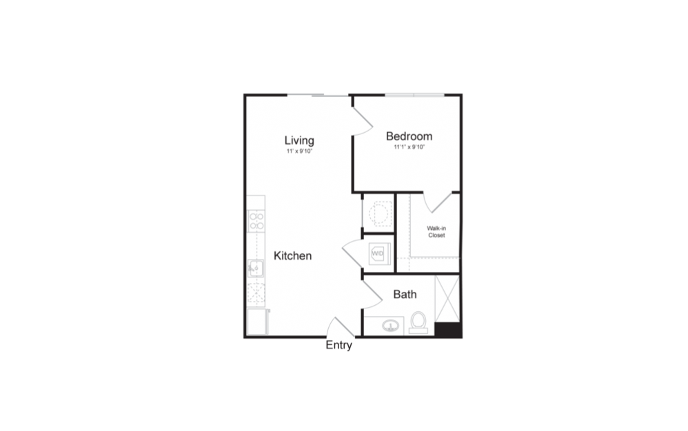 A3 - 1 bedroom floorplan layout with 1 bath and 568 square feet.