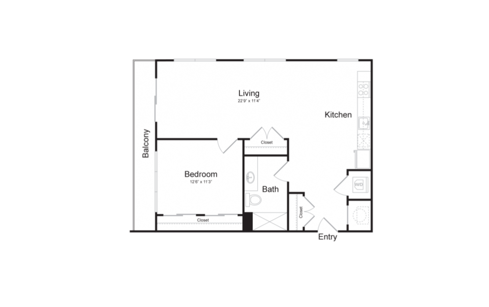 A30 - 1 bedroom floorplan layout with 1 bath and 808 square feet.
