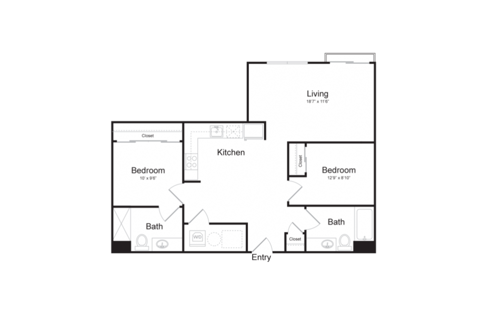 C1 - 2 bedroom floorplan layout with 2 baths and 868 square feet.