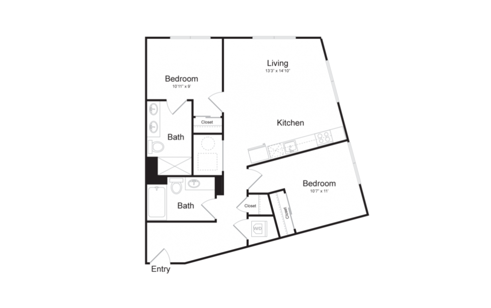 C2 - 2 bedroom floorplan layout with 2 baths and 908 square feet.