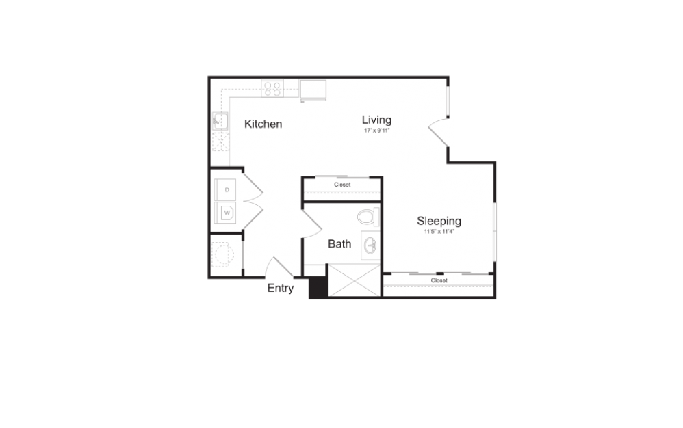 S18 - Studio floorplan layout with 1 bath and 636 square feet.