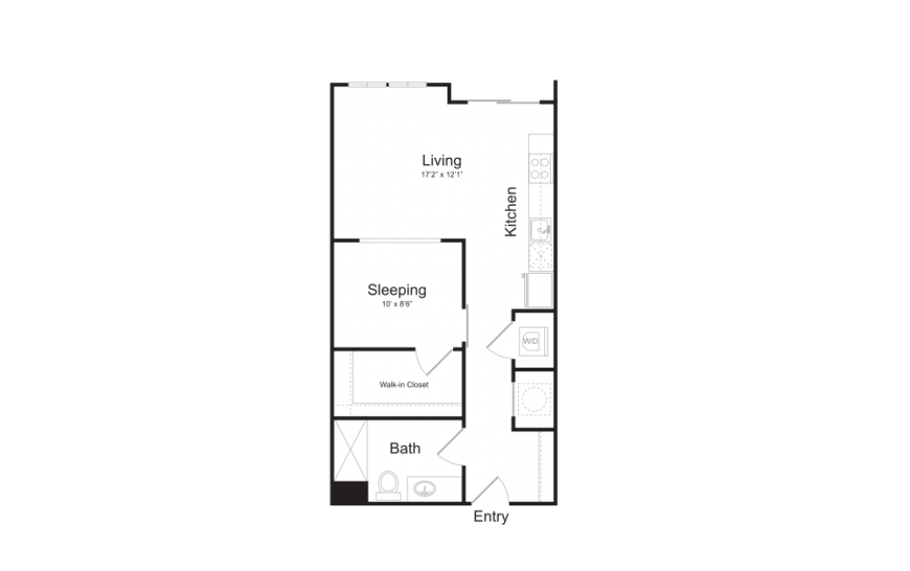 S16 - Studio floorplan layout with 1 bath and 584 square feet.