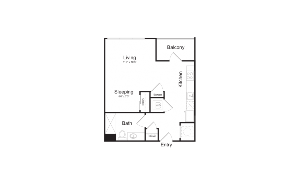 S6 - Studio floorplan layout with 1 bath and 491 square feet.